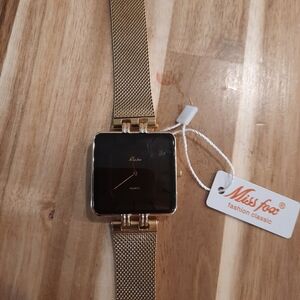 Miss Fox Gold Mesh Square Watch with Black Dial